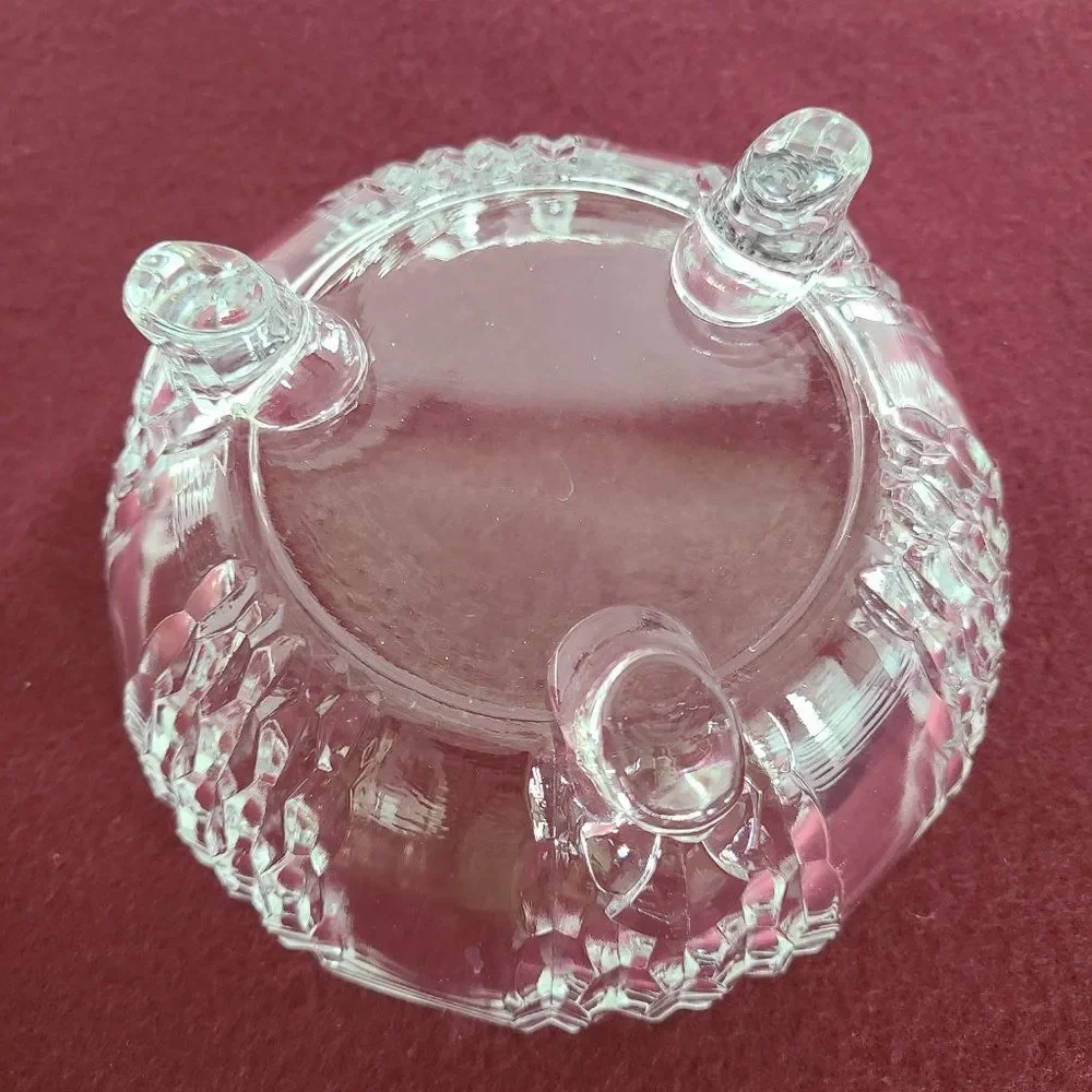 Three-Footed Pedestal Glass Candy Dish Covered Bowl Art Deco Geometric Design